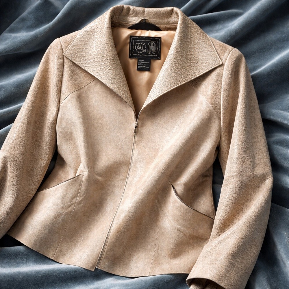 Chi by Falchi L Beige Metallic Snake Embossed Leather Jacket Leopard Collar Arms